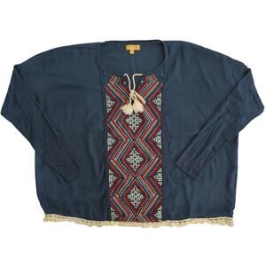 Takara Blue Cream Teal Boho Long Sleev Blouse Tassels Embroidered Womens Size S